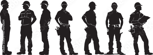 A black and white silhouette of a construction worker standing confidently with tools in their belt.