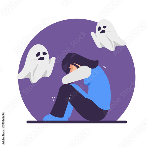 Psychology, panic attack, phobia, frustration, inner fears concept. girl sitting and feeling bad with ghosts, fears. Mental health and illnesses.