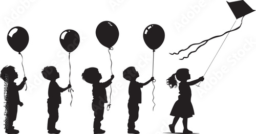 A black and white silhouette of a child holding a balloon against a white background.