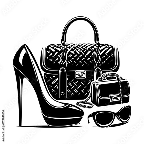 Stylish black high heel shoe handbags and sunglasses fashion ensemble
