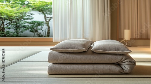Serene Bedroom Setup: Tatami Mat & Bedding