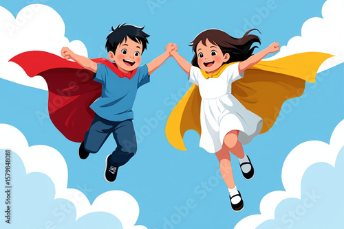 Two Kid Superheroes Flying Side-by-Side in Sky
