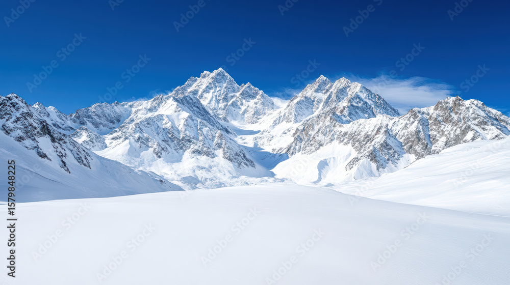 Snowy mountain range beneath crisp blue sky creates breathtaking winter landscape Snowy mountain range beneath crisp blue sky creates breathtaking winter landscape