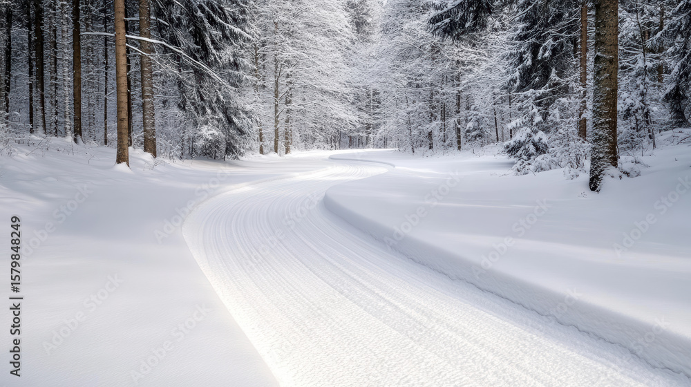 Fototapeta premium Winding snowy trail through serene forest, inviting tranquility and peace