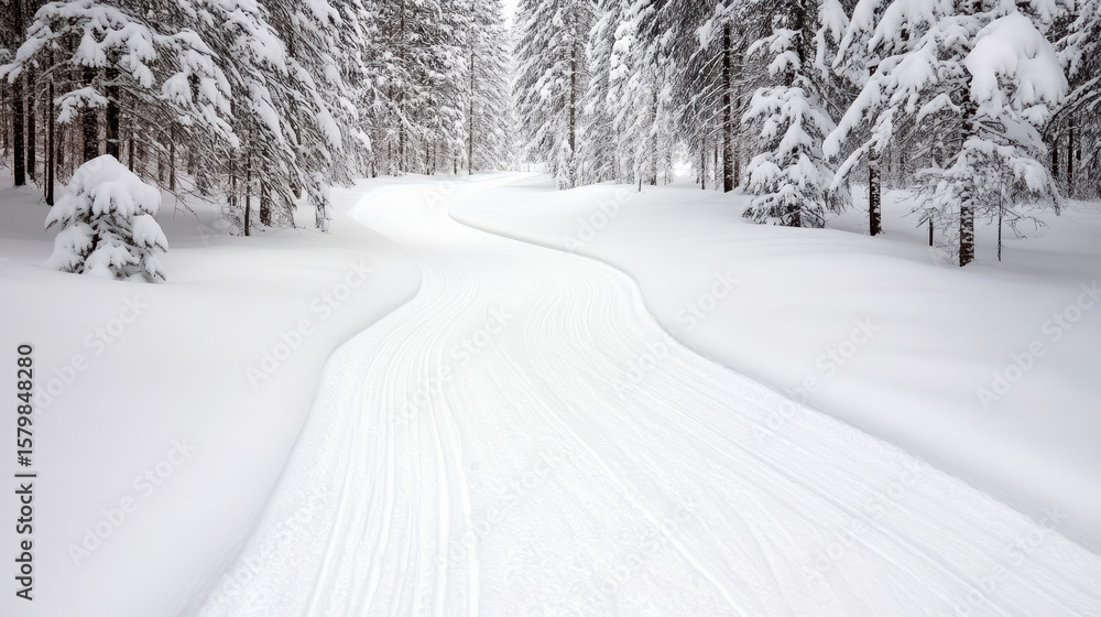 Fototapeta premium Winding snowy trail through serene forest, inviting exploration and tranquility