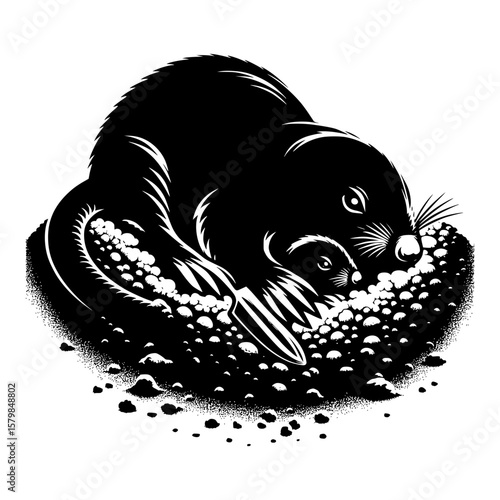Stylized black and white illustration of a mole and baby mole in soil