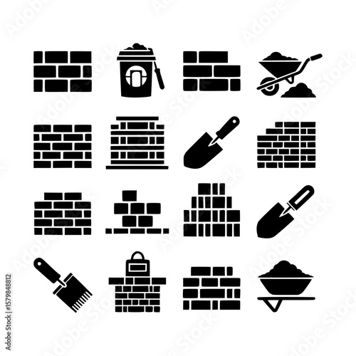 Collection of bricklaying and construction tools icons