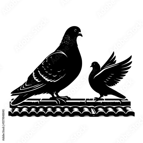 Two silhouetted pigeons perched on a decorative rooftop design