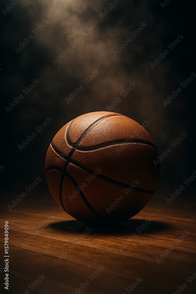 Obraz premium A leather basketball rests dramatically on a polished wooden court under dim, smoky lighting.