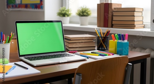 Wallpaper Mural Laptop with a green screen sits on a desk surrounded by books, pens, pencils, and plants in a bright, organized workspace. Torontodigital.ca