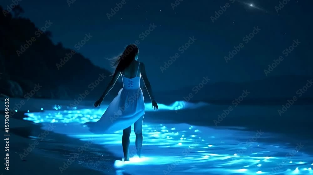 A woman in a flowing white dress walks along a glowing shoreline, surrounded by sparkling bioluminescent waves under a starry night sky.