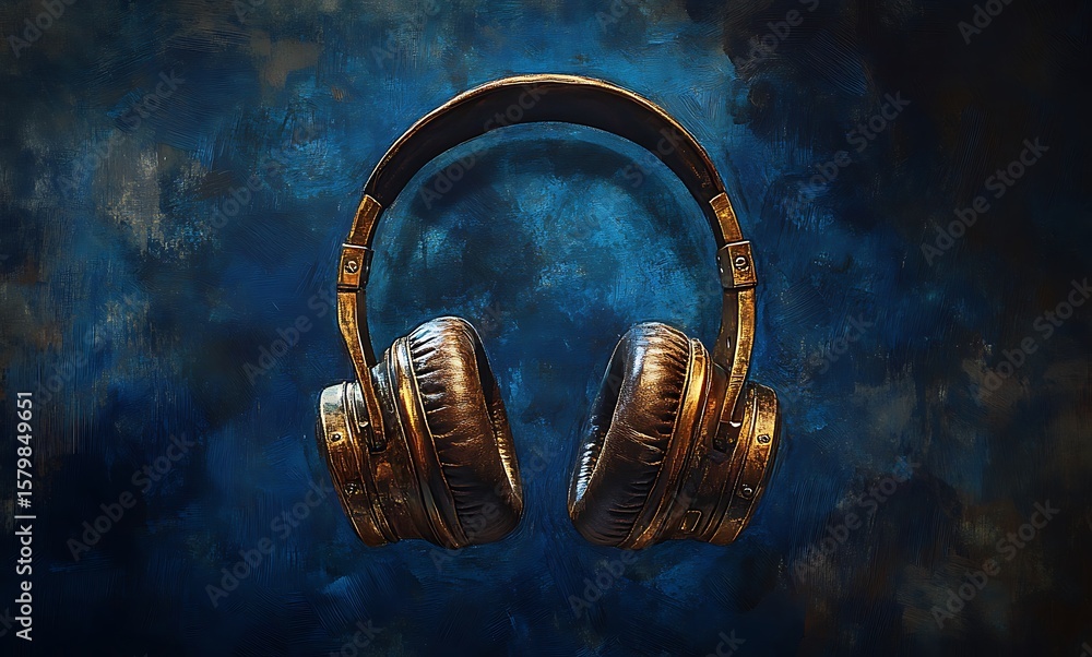 Fototapeta premium Vintage gold headphones mockup on dark blue textured background