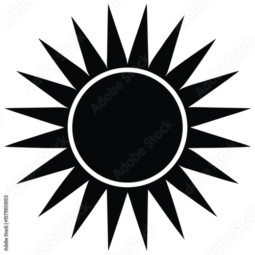 Stylized Black Sun Illustration with Sharp Rays and White Outline on White