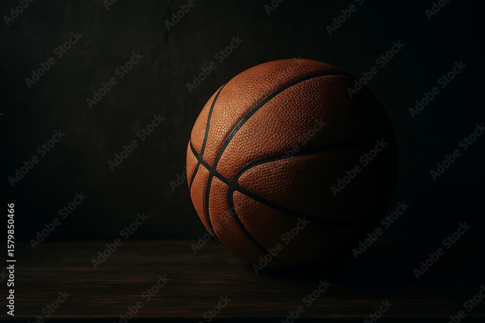 Obraz premium A basketball rests quietly on a dark wooden surface, lit dramatically against a dark background.