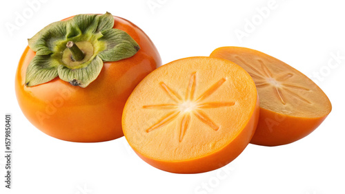 Fresh ripe persimmon fruit whole and sliced healthy eating antioxidant food source isolated on black background