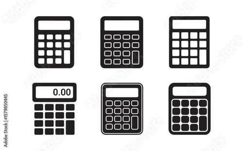 Six black calculator icons with different button designs on a white background