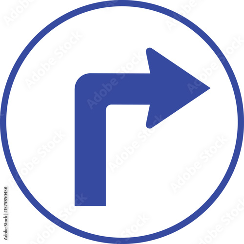 Blue directional arrow sign indicating a right turn within a white circle