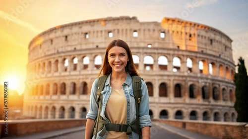 Happy woman exploring the historic Colosseum in Rome during a vibrant sunset glow