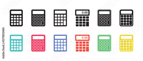 Illustration of calculator icons in various colors on a white background, calculation tools