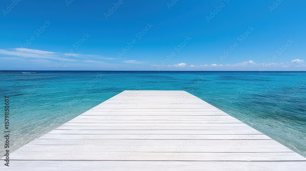 Fototapeta premium Long pier extends into clear blue sea under bright sky, creating serene atmosphere