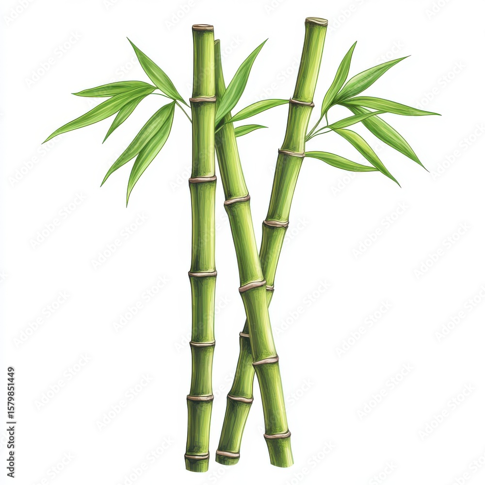 Obraz premium Bamboo Stalks with Green Leaves Isolated on White Background
