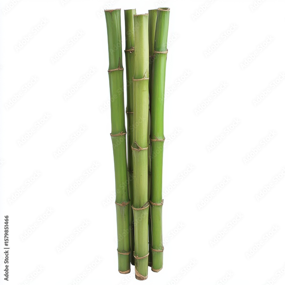 Fototapeta premium Fresh Green Bamboo Sticks Vertically Arranged on a White Background