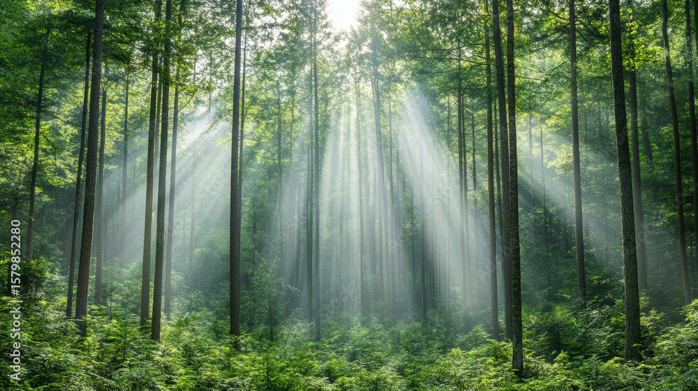 Fototapeta premium Sunlight filtering through dense pine forest creates serene atmosphere in morning