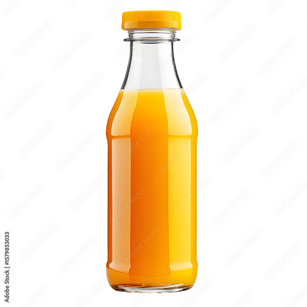 A clear glass bottle filled with vibrant orange juice and a bright yellow cap isolated on transparent background A clear glass bottle filled with vibrant orange juice and a bright yellow cap isolated on transparent background