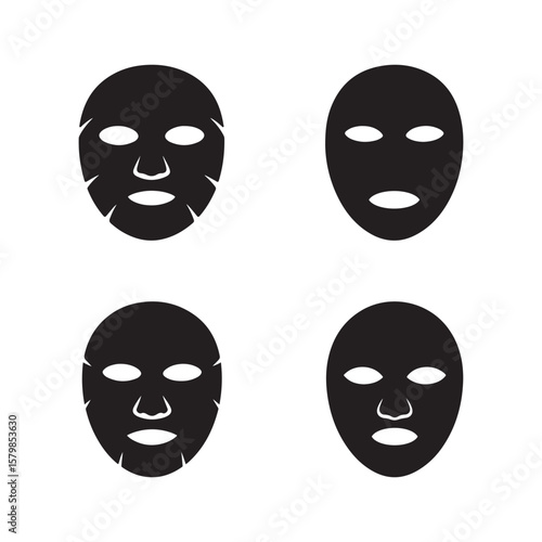 Four black facial sheet mask icons in a minimalist design on white background