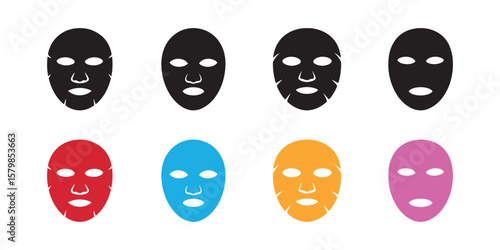 Set of eight facial sheet masks in different colors on a white background