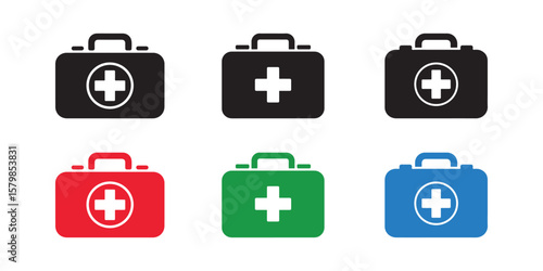 Various colorful first aid kit icons black, red, green, and blue illustrations