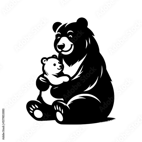 A black bear hugs a smaller white bear in a simple graphic style