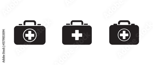 Three black first aid kit icons with white plus sign on white background