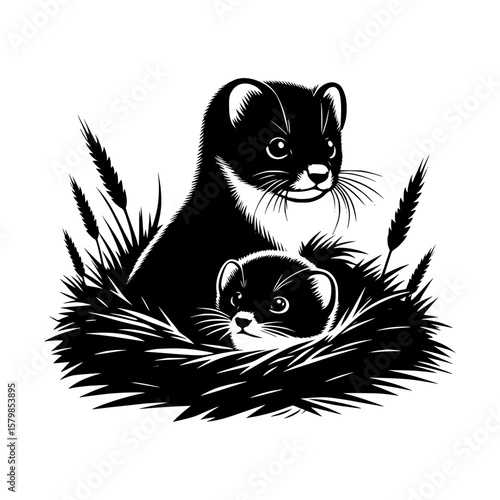 Two adorable black and white weasels nestled together in a grassy den