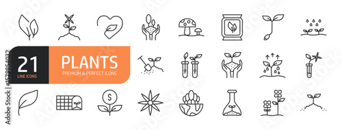 Set of line icons related to plants, eco, earth, ecology, recycling, ecosystem and more. Outline icons collection. Editable stroke. Vector illustration.