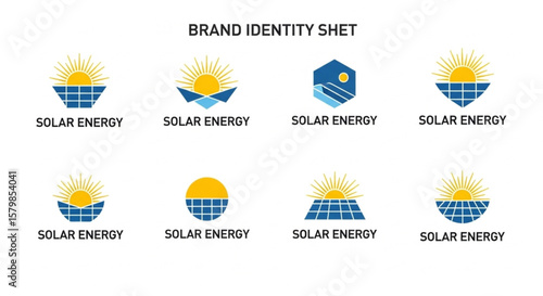 Clean Energy Logo Collection Solar Power Icons for Sustainable Branding and Environmentally Friendly Business Initiatives, featuring radiant sun and photovoltaic panels.