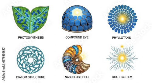 Nature's Patterns Illustrations of Photosynthesis, Compound Eyes, and More  - Visualizing Biological Concepts with Detailed Graphics