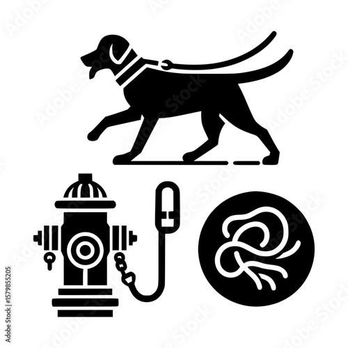 Dog walking essentials including a fire hydrant and waste bag icon