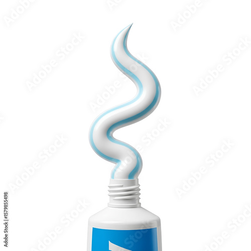 A perfectly squeezed ribbon of fresh, blue and white striped toothpaste gracefully emerges from its tube, standing upright against a pristine white background