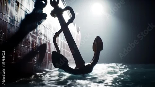 A ship's anchor is being lowered into the sea, sighted against bright flight. The scene captures a dramatic maritime moment beside a large cargo vessel