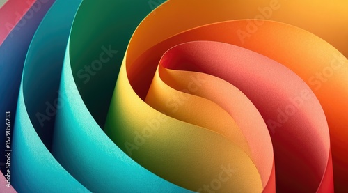 Colorful paper strips form a swirling, abstract pattern.  The vibrant hues transition smoothly, creating a dynamic and visually appealing composition
