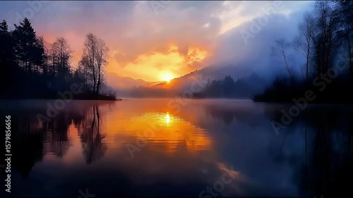 Wallpaper Mural Serene landscape at sunset reflecting vibrant colors on a tranquil lake. Torontodigital.ca