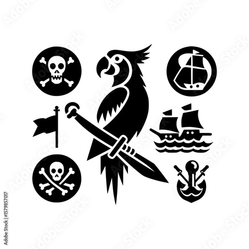 Pirate symbols collection featuring a parrot ships skulls and an anchor