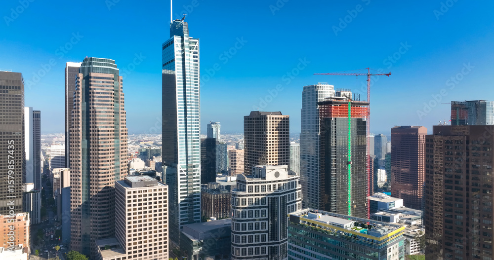 Obraz premium Los Angeles city. LA downtown aerial view. Los Angeles skyline. LA panorama. Los Angeles from a top view. Downtown towers of Los Angeles. Panoramic scene of LA skyline. American city in California.