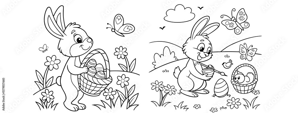Fototapeta premium bunny painting easter egg and some flowers, coloring page ready to print on standard 8.5x11 inch paper. eps file.