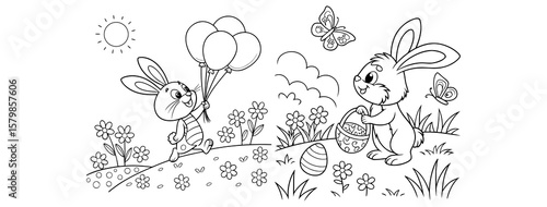 bunny painting easter egg and some flowers, coloring page ready to print on standard 8.5x11 inch paper. eps file.