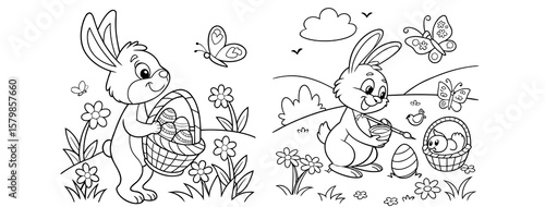 bunny painting easter egg and some flowers, coloring page ready to print on standard 8.5x11 inch paper. eps file.