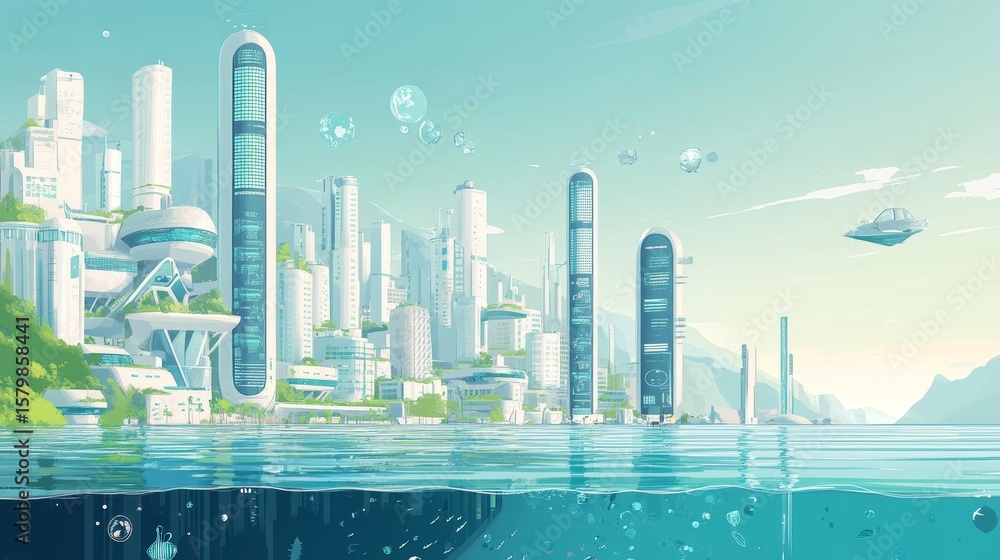 Obraz premium Modern City Skyline with Tech Overlay