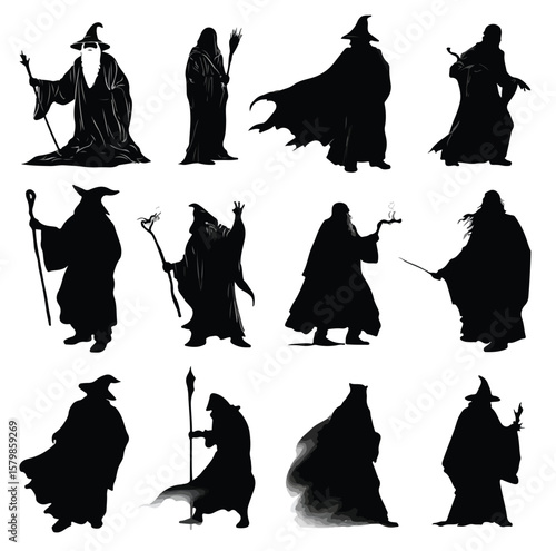 wizard silhouette set, Black & White silhouette set