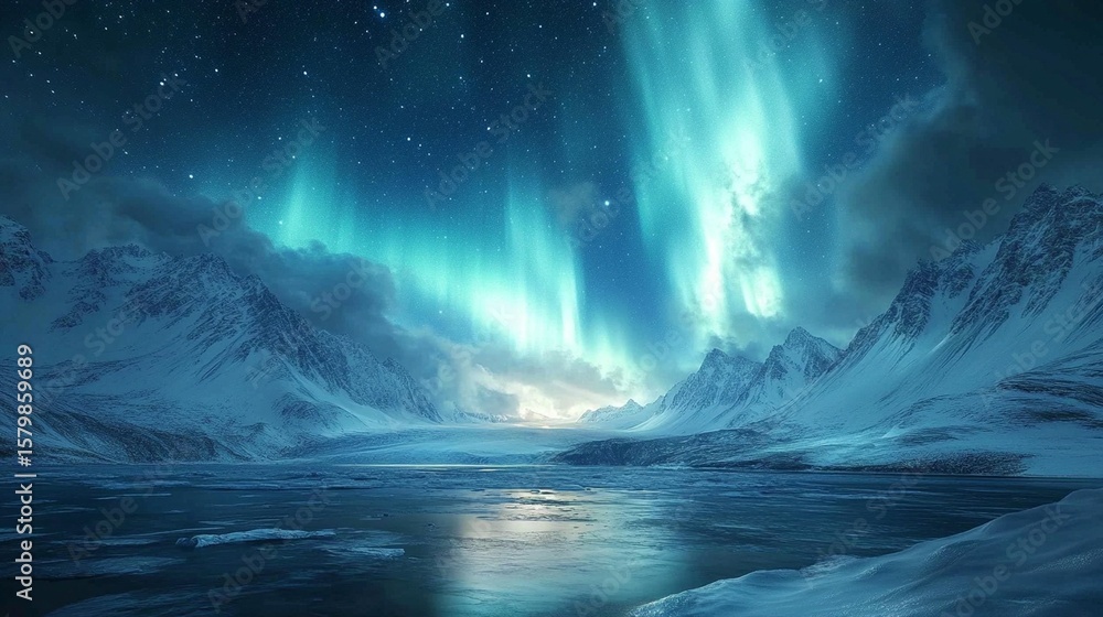 Fototapeta premium Arctic Aurora: Mountains, Ice, and Stars